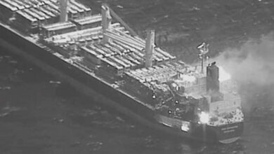 This image obtained from the US Central Command (CENTCOM) on March 6, 2024 shows the Barbados-flagged, Liberian-owned bulk carrier after it was hit by an anti-ship ballistic missile launched by Yemeni Armed Forces.