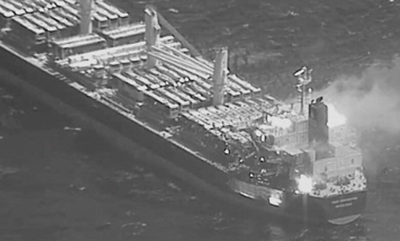This image obtained from the US Central Command (CENTCOM) on March 6, 2024 shows the Barbados-flagged, Liberian-owned bulk carrier after it was hit by an anti-ship ballistic missile launched by Yemeni Armed Forces.